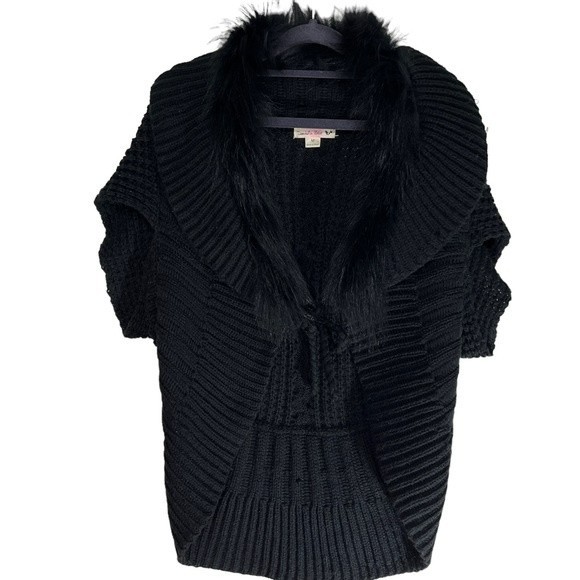 Double Zero Sweaters - Double Zero Vegan Faux Fur Collar Tie Front Black cable knit braided Cardigan